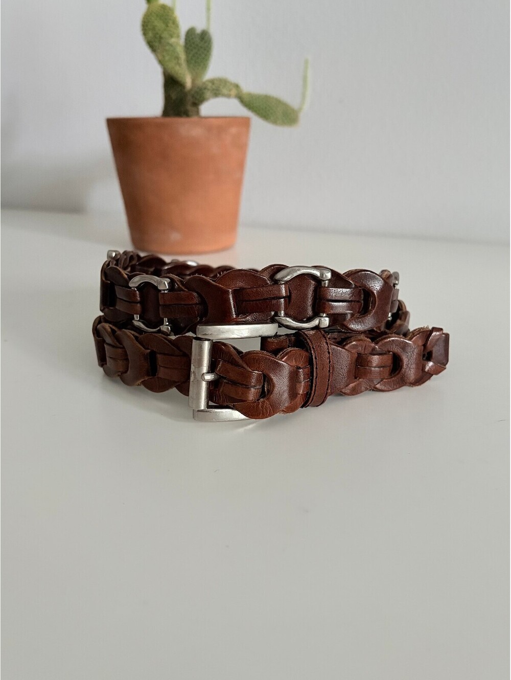 Brown Leather Belt Western Horseshoe Silver Details